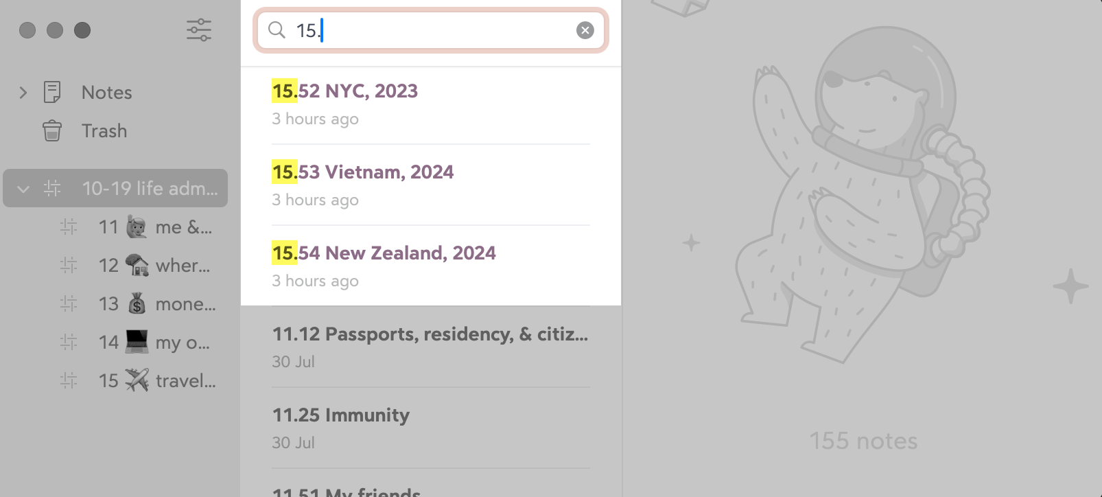 A screenshot of Bear. We're using its search feature with the search term '15.' to show only those notes whose title contains that text.