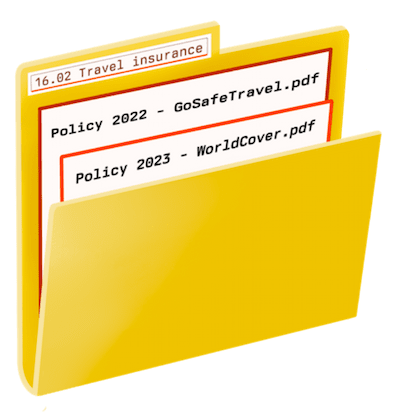 Drawing of a manila folder. It's labelled '16.02 Travel insurance' and contains two documents, labelled 'Policy 2022 - GoSafeTravel.pdf' and 'Policy 2023 - WorldCover.pdf'.
