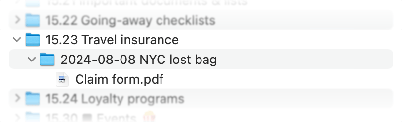 Screenshot of the file system showing folder '15.23 Travel insurance & claims'. It contains a subfolder, '2024-08-08 NYC lost bag', which contains a PDF, 'Claim form.pdf'.