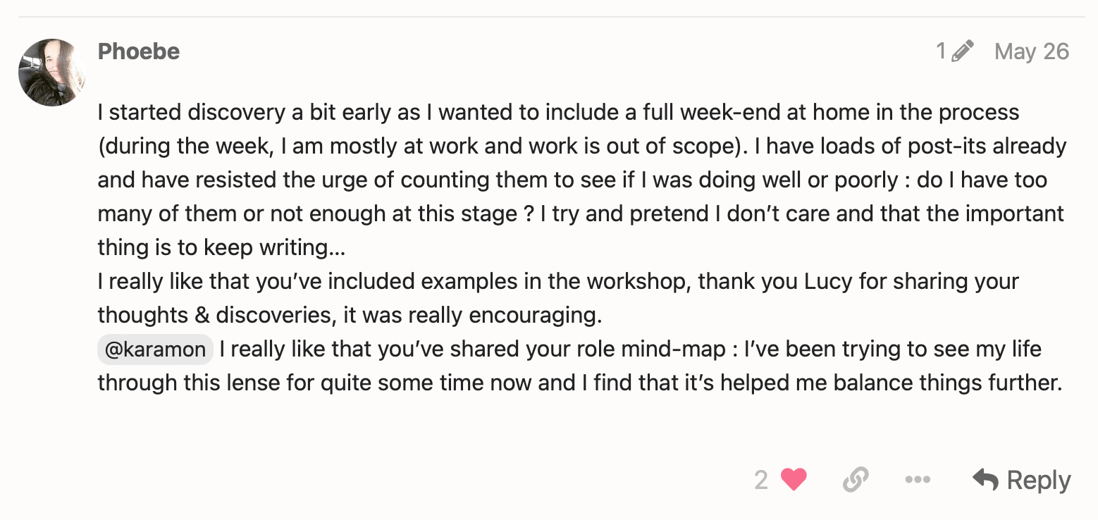 A forum post from Phoebe. Part of it reads: I really like that you've included examples in the workshop, thank you Lucy for sharing your thoughts & discoveries, it was really encouraging.