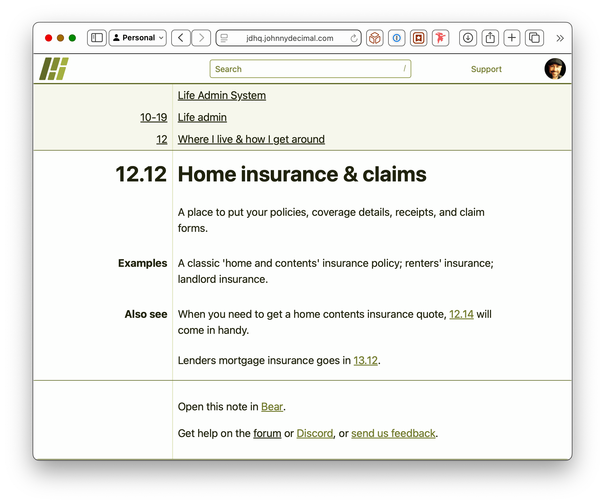 A screenshot of the Life Admin ID 12.12 in JDHQ. From the top it shows which system, area, and category it's in. Then there's a bunch of descriptive text.