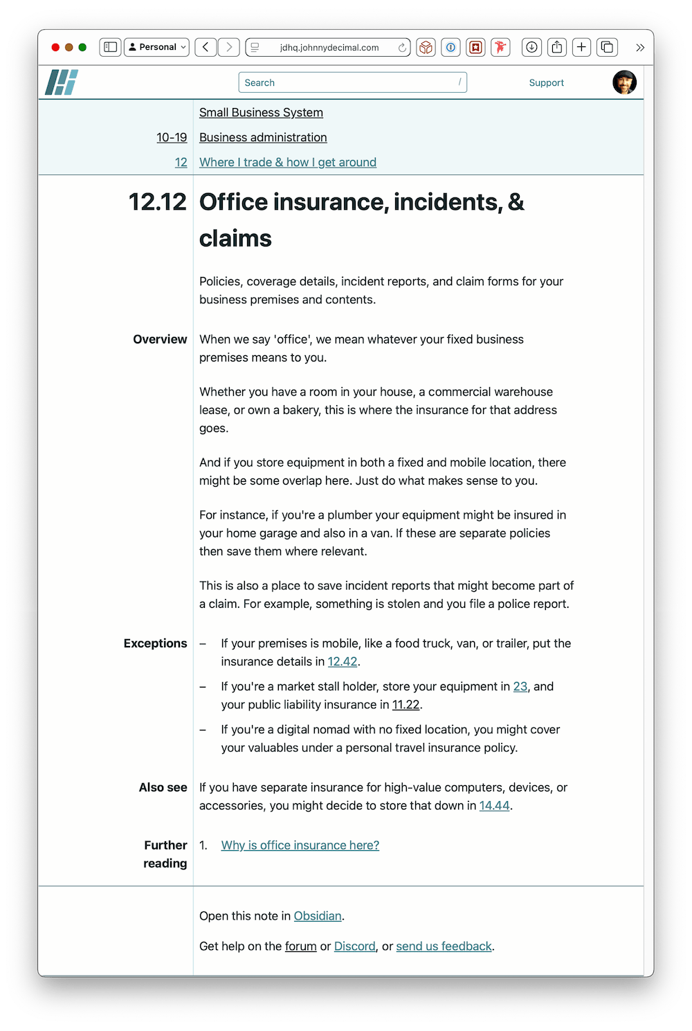A screenshot of the Small Business ID 12.12 in JDHQ. From the top it shows which system, area, and category it's in. Then there's a bunch of descriptive text.