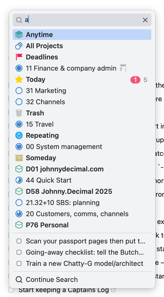 Screenshot showing Things' search results for the query 'a'. It returns groups of projects, a view of deadlines, the Today view, and any areas, projects, or tasks that contain the letter.