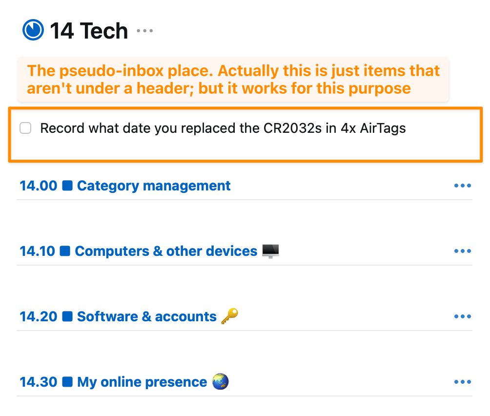 Screenshot of Things. The area above any of the headers you've defined is highlighted as the 'pseudo-inbox' for the category'