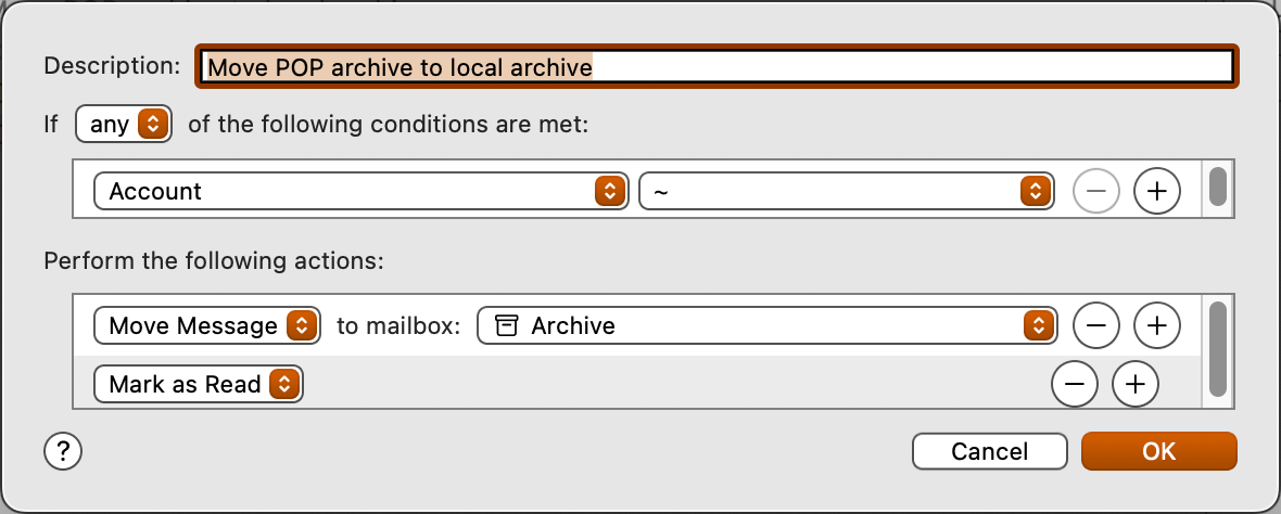 Screenshot of Apple Mail showing a configured Rule that moves the message to Archive, and marks it as read.