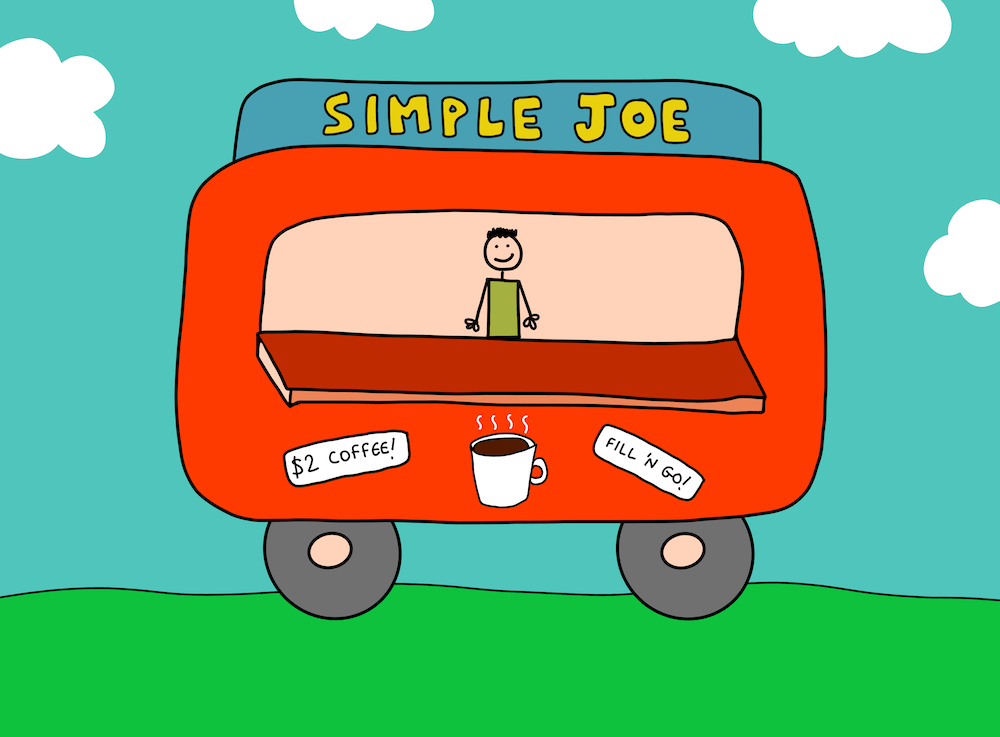 A cartoon that Lucy drew. It's a big red food truck with a 'Simple Joe' sign. A stick figure is waiting to sell you $2 coffee (bargain!).