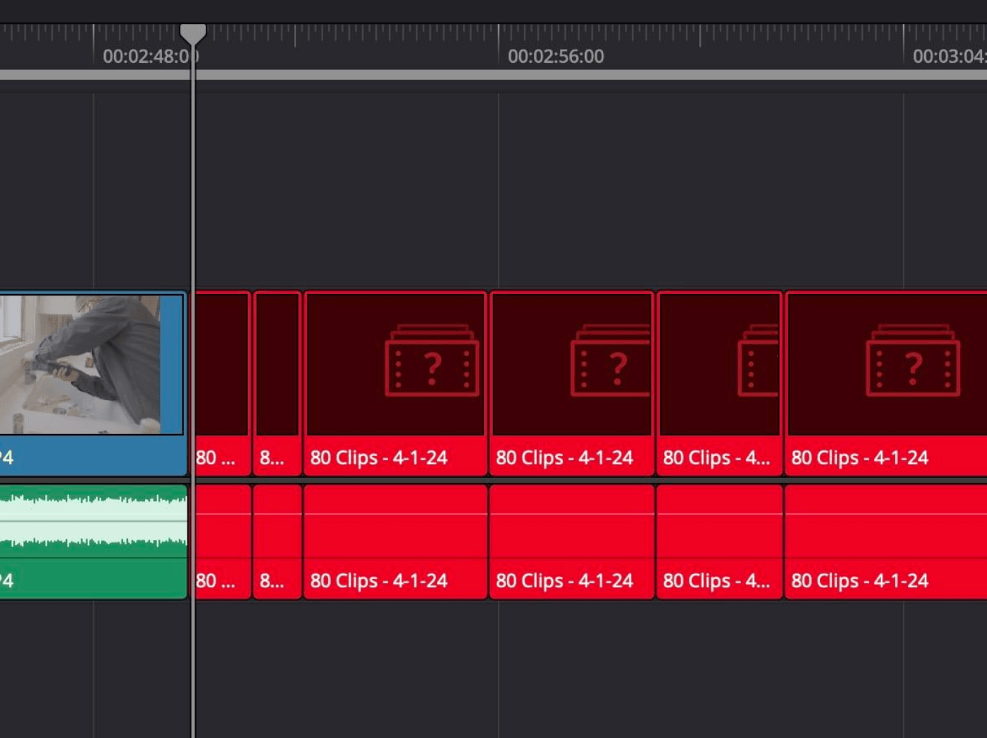 Screenshot of a video timeline. Most of the icons representing video frames are red and have a question mark icon. Not good.