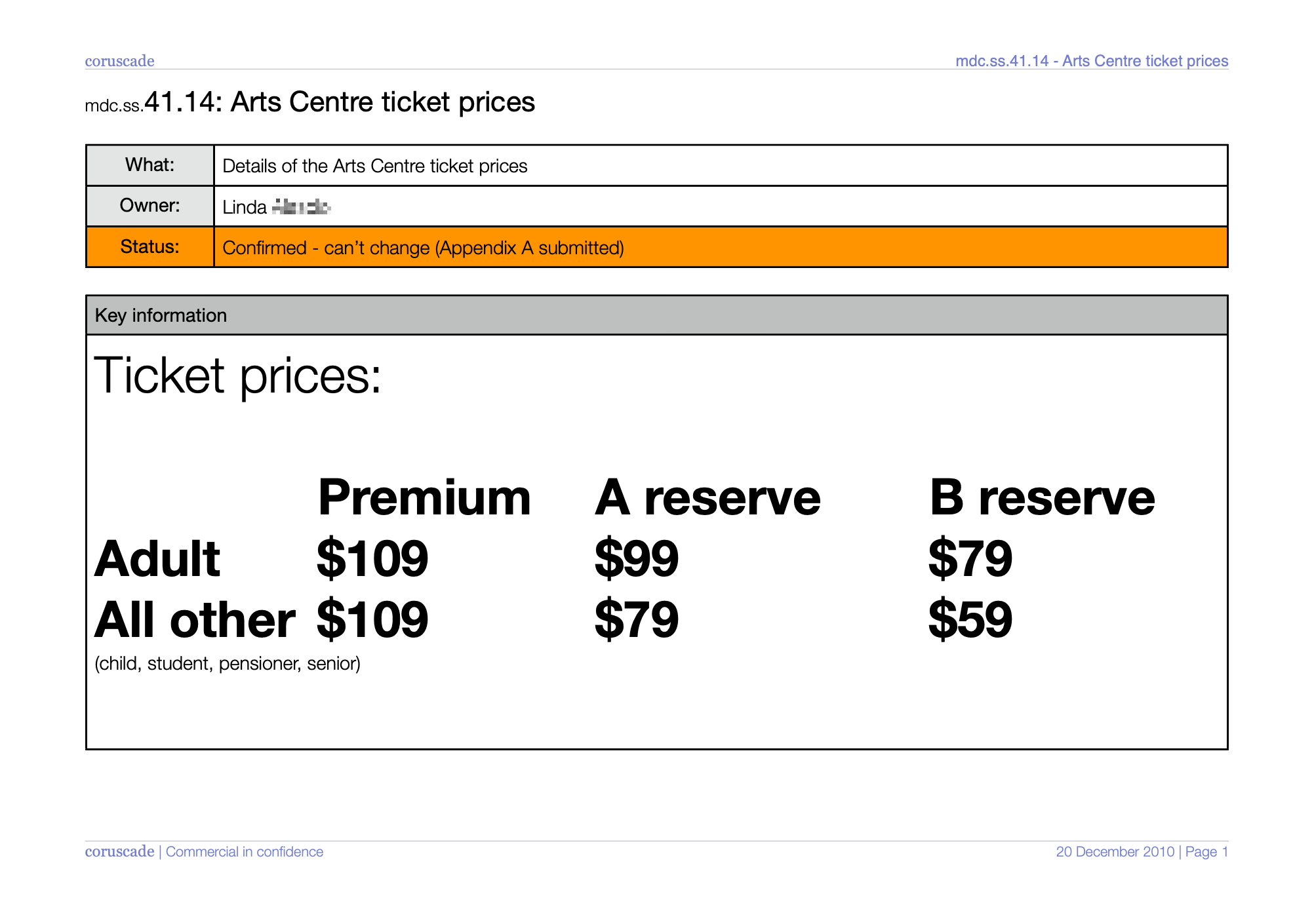 An A4 page, laid out with boxes, of ticket prices. At the top is the ID: 41.14.