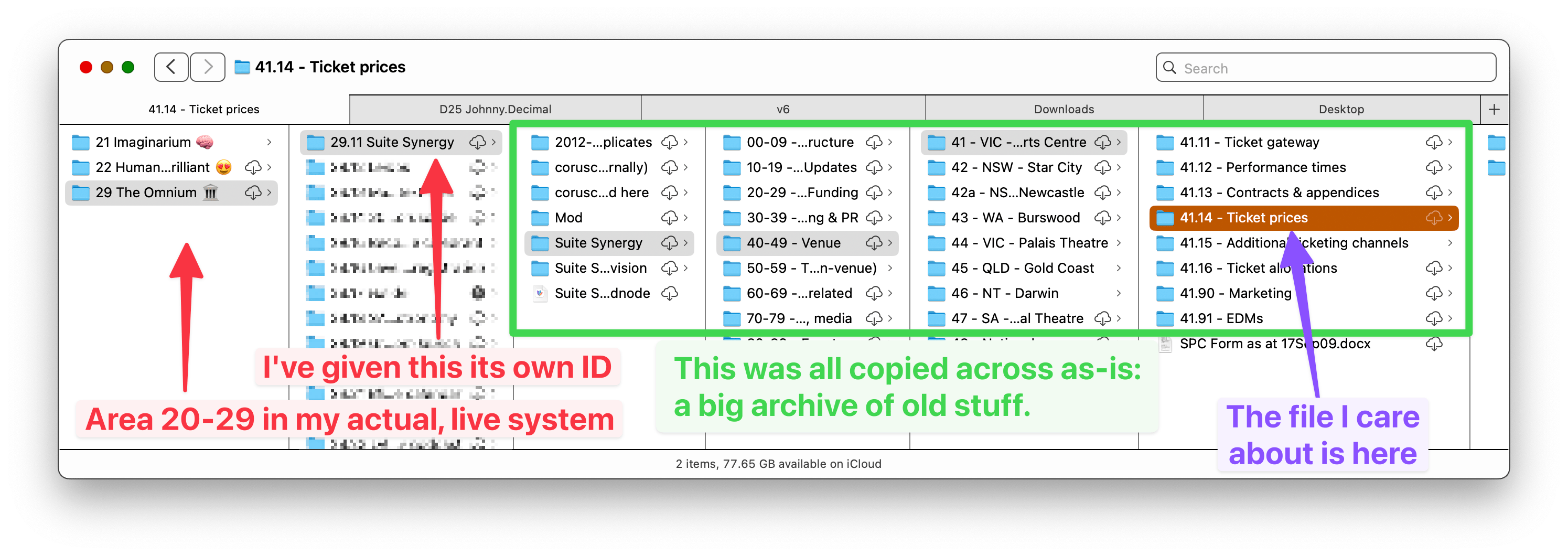 A screenshot of Finder showing an entire old Johnny.Decimal structure saved at ID 29.11 in my current system.
