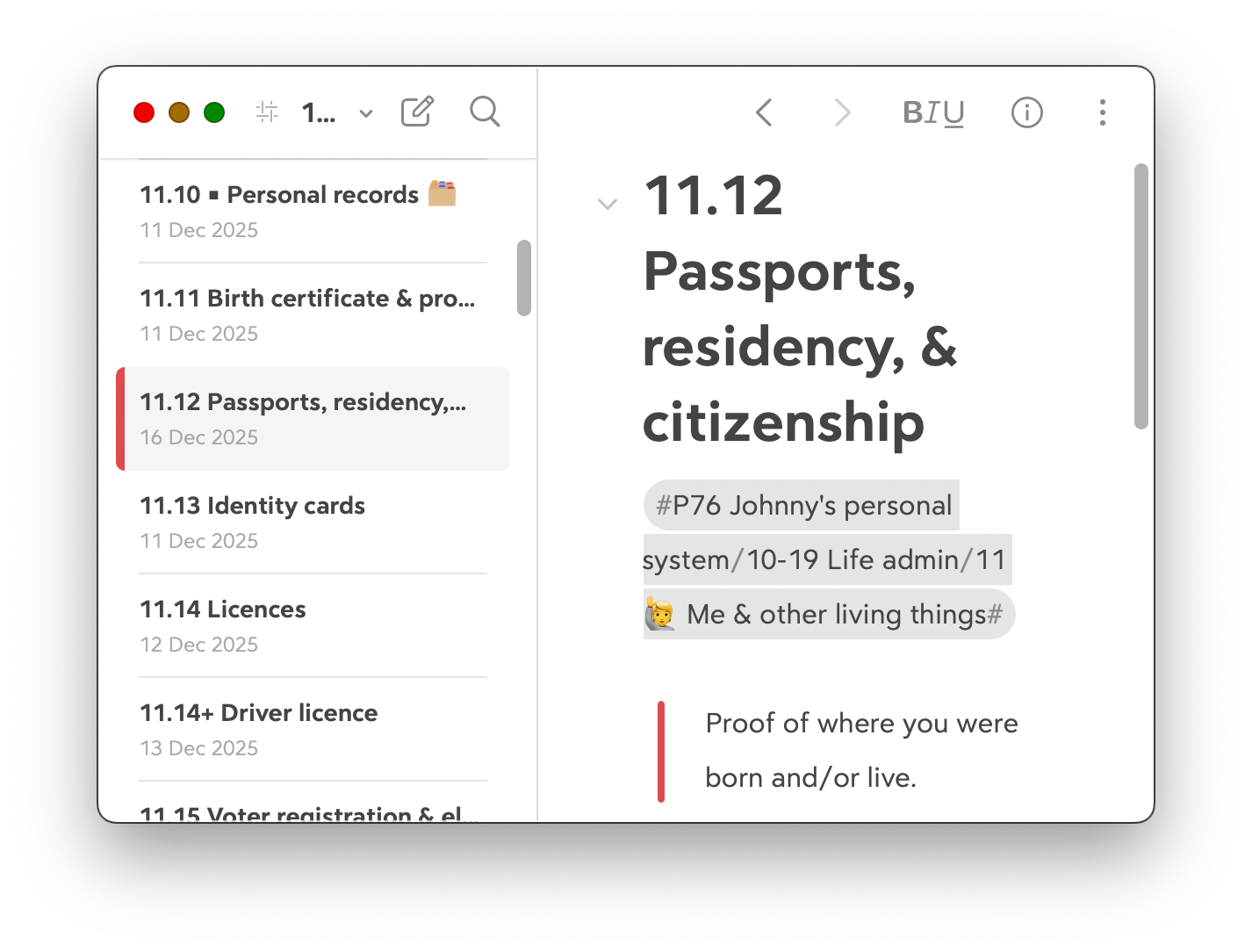 A screenshot of Bear. The left pane shows a list of JDex entries. The right pane shows the content of the entry.