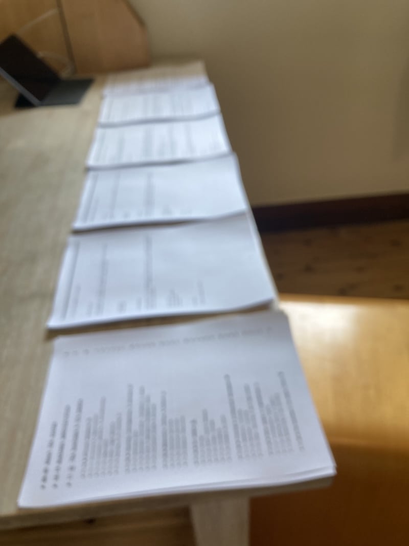 A photo of some papers lined up on a desk.